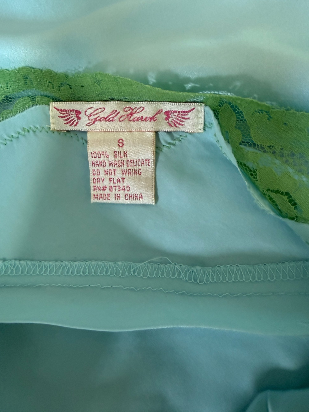 Gold Hawk 100% Silk Camisole Dream Blue with Green Lace & Pink Floral Embroidery - Picture 5 of 6